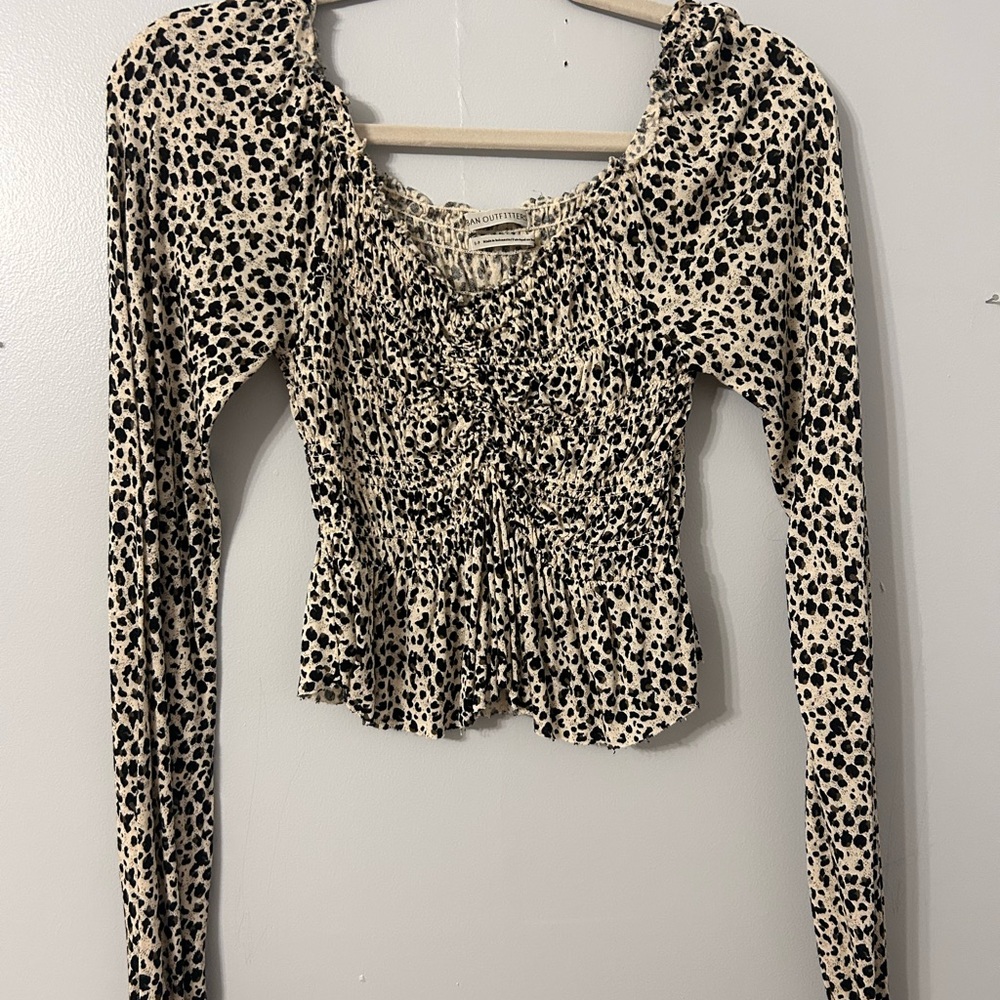 Urban Outfitters Black and Cream Animal Print Blouse, Size Small